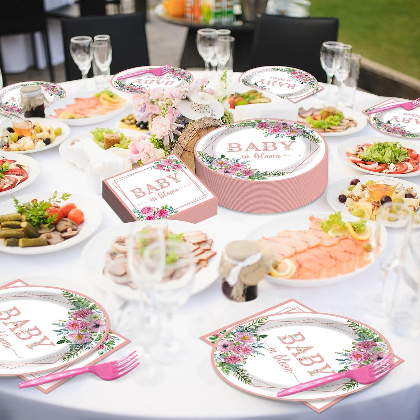 gisgfim 50 Guests Baby in Bloom Party Supplies Baby In Bloom Floral Plates and Napkins Plastic Forks Girl Floral Tableware Pink Flower Paper Plates for Birthday Party 200PCS