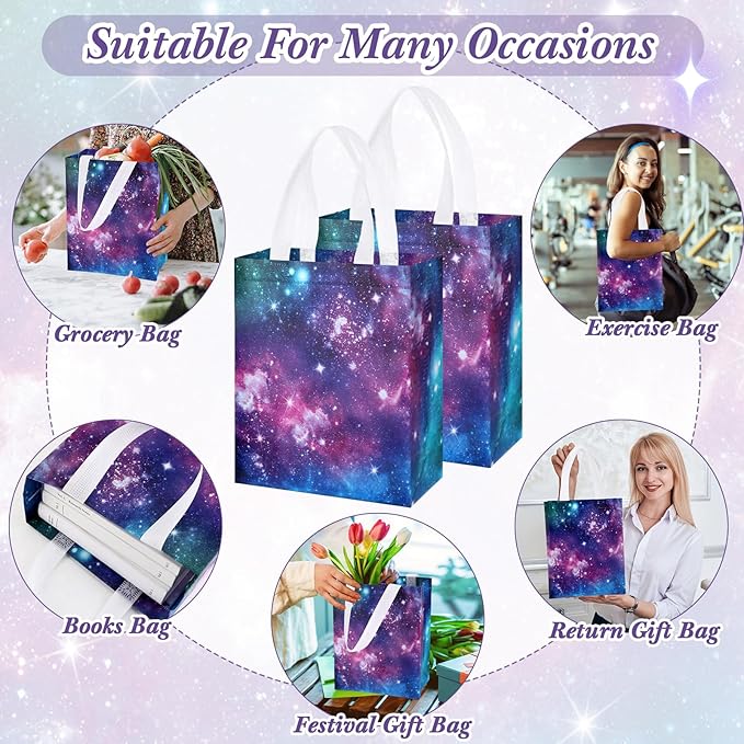 Supervitae 24 Pack Galaxy Party Gift Bags Medium Outer Space Print Party Decoration Supplies Reusable Non Woven Totes for Solar System Planet Birthday Baby Shower Favor(9.8" x 7.9" x 3.9")