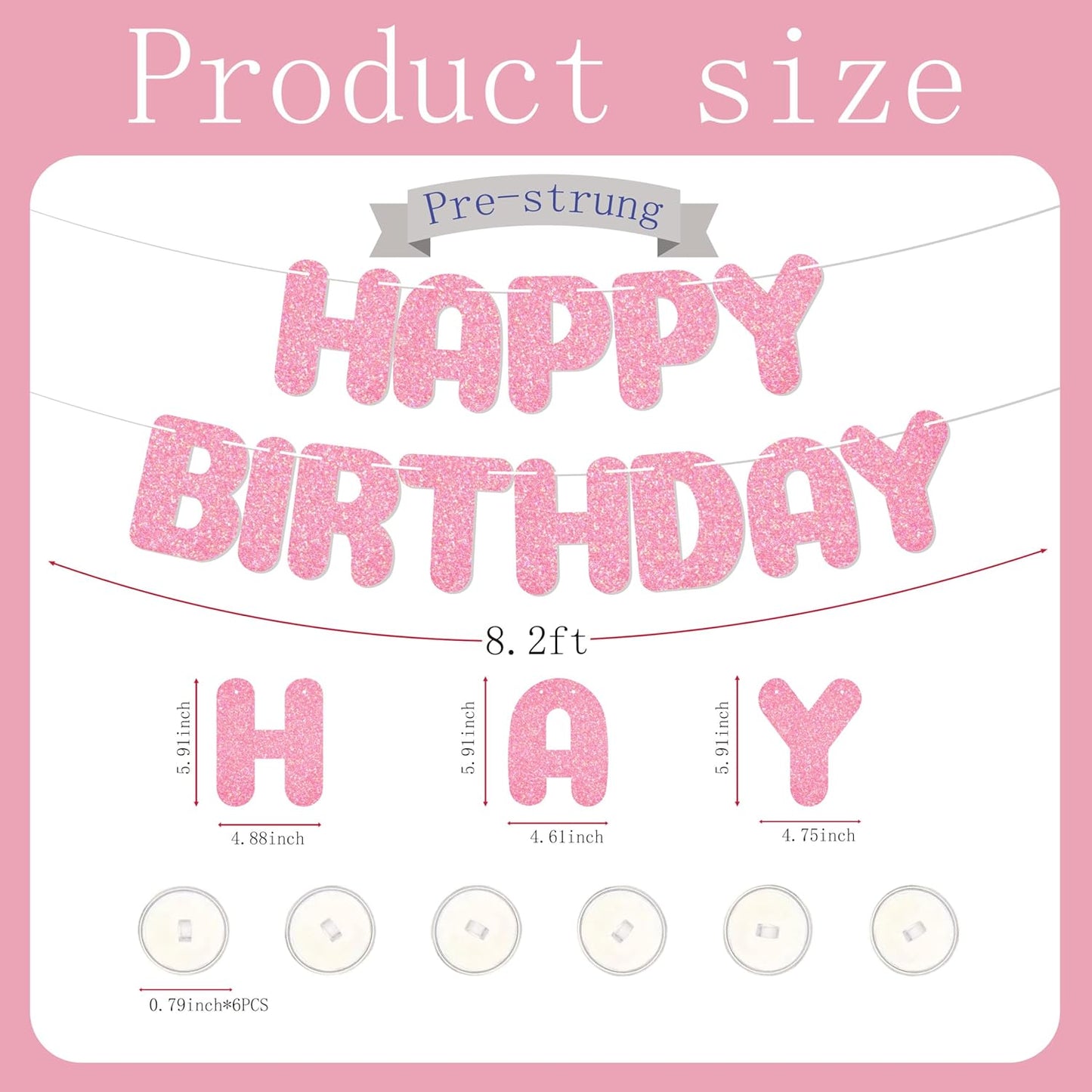 Happy Birthday Banner,with adhesive hooks,pink iridescent letter party banner,Glitter Decor,Kids Baby Adults Birthday Decorations Party Supplies(Pre-Strung)(Pink)