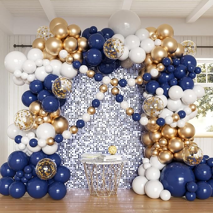 Navy Blue and Gold Balloons Arch Kit, 162pcs Different Sizes with Navy Blue White Chrome Gold Confetti Balloons for Graduation 2025 Anniversary Baby Shower Birthday Party Decorations