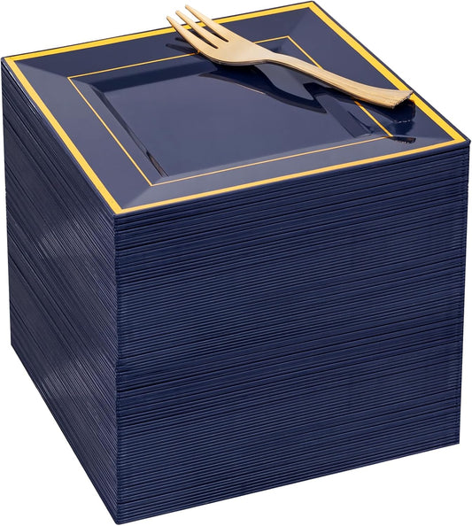 WDF 200PCS Blue Plastic Dessert Plates with Plastic Forks -6’’ 100 Square Disposable Appetizer Plates Small Cake Plates with Gold&100 Navy Blue Small Appetizer Forks