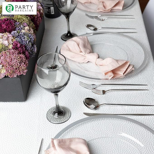 PARTY BARGAINS 13-Inch Charger Plates - 4 Pack, Clear Silver Rim, Heavy-Duty Disposable Chargers for Elegant Dining - Ideal for Weddings and Formal Events