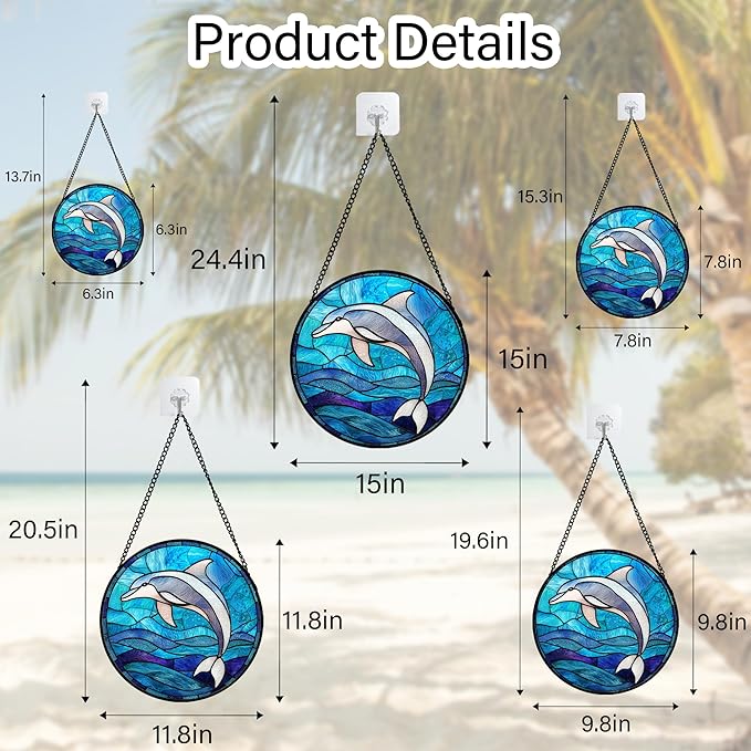 Stained Glass Suncatcher, Blue Ocean Dolphin Sun Catcher Marine Life Stain Glass Indoor Window Hanging Decoration Mother's Day Birthday Gifts for Women Men Mom and Nana 9.8 in