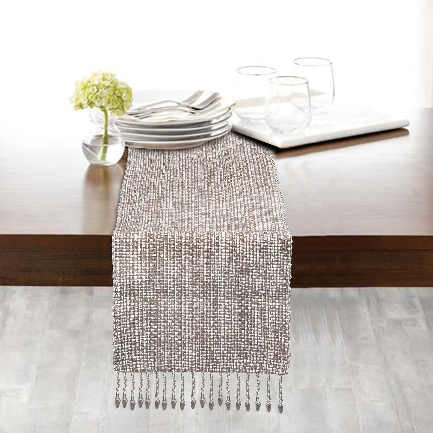 Urban Villa, 100% Cotton Two Tone Table Runner,14''x 72'' Over Sized Taupe/White Two Tone Table Runner with Fringes, Every Day Use Heavier Quality Christmas Runners