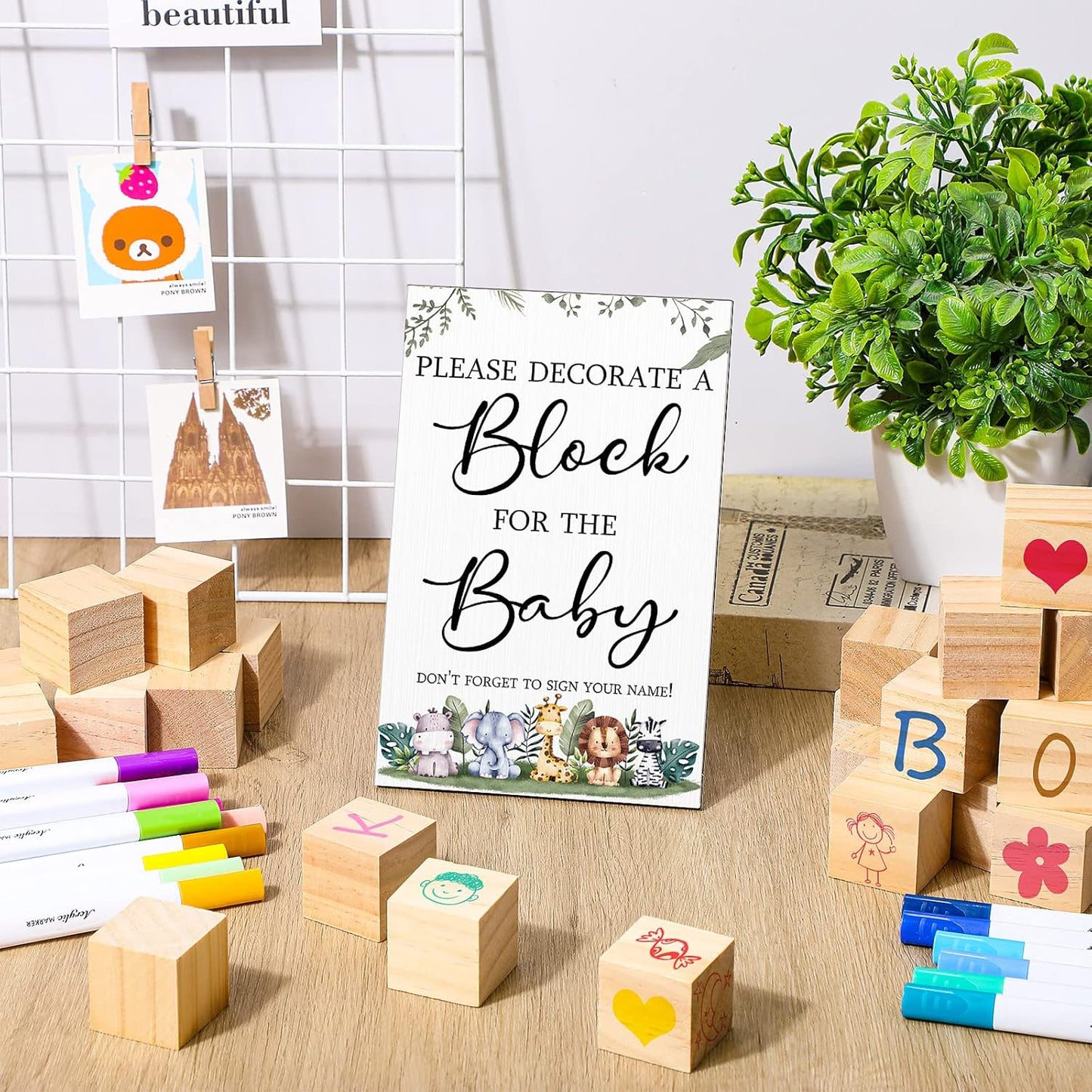Tatuo 75 Pcs Baby Shower Games Sign Kit Including Decorate a Block Game Sign 50 DIY Wooden Block 24 Acrylic Paint Marker Baby Shower Prize for Gender Reveal Party(Safari)