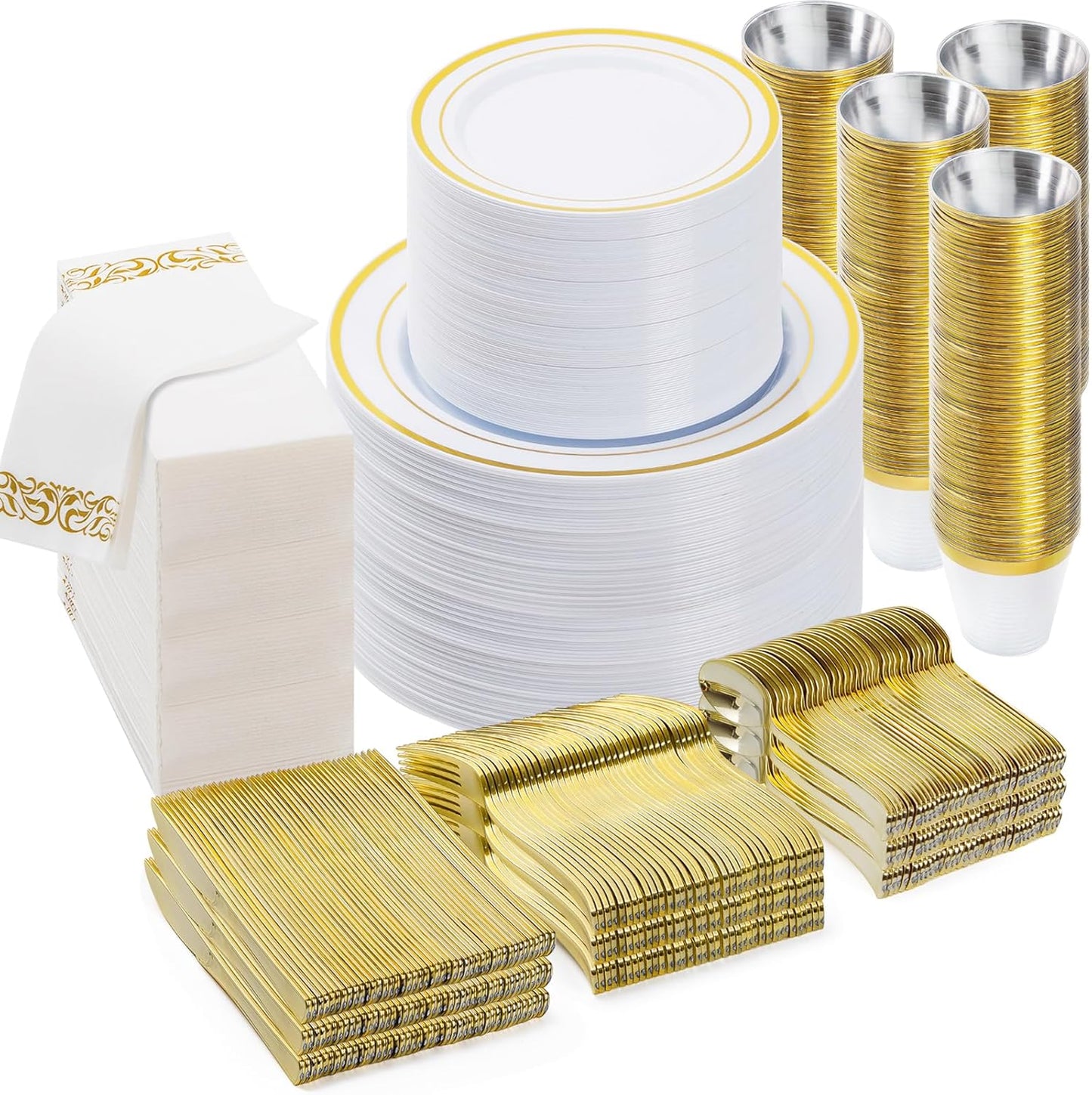 BESTVIP 700 PCS Gold Dinnerware Set for 100 Guests, Plastic Dinnerware Set for Party, Christmas, Halloween, Include: 200 Plastic Plates, 100 Gold Silverware, 100 Cups, 100 Paper Napkins