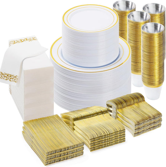 BESTVIP 700 PCS Gold Dinnerware Set for 100 Guests, Plastic Dinnerware Set for Party, Christmas, Halloween, Include: 200 Plastic Plates, 100 Gold Silverware, 100 Cups, 100 Paper Napkins