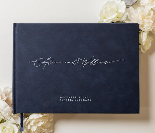 MUUJEE Personalized Guestbook in Navy - Premium Custom Modern Guest Book for Wedding Reception, Birthday Party or Events w/Bookmark Blank Pages for Signing 11.5 x 8.5 inches