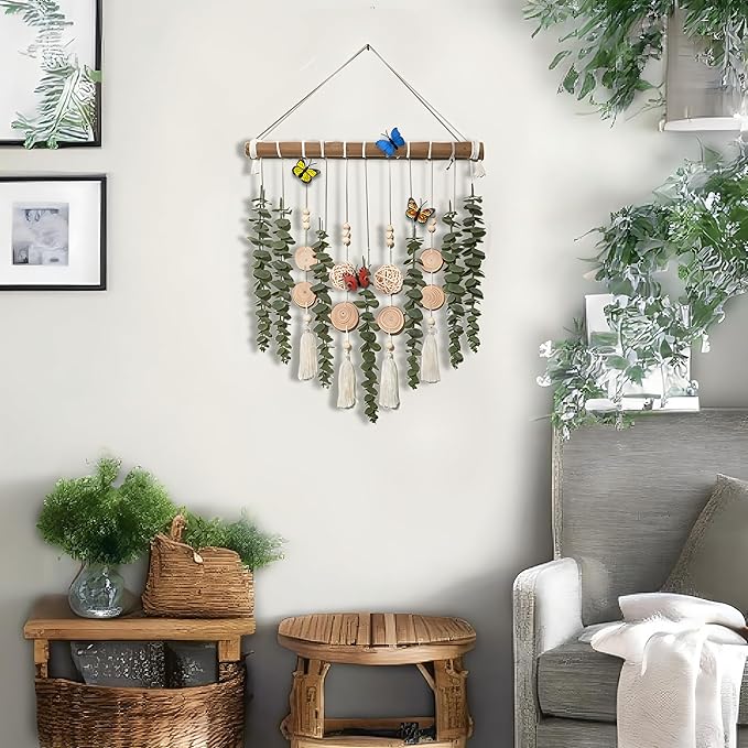 Artificial Eucalyptus Plant Green Leaves with Wooden Beads Garland Hanging Decoration for Wall Decoration,16.5" Fake Plants Bathroom Wall Decor,Kitchen Wall Decor