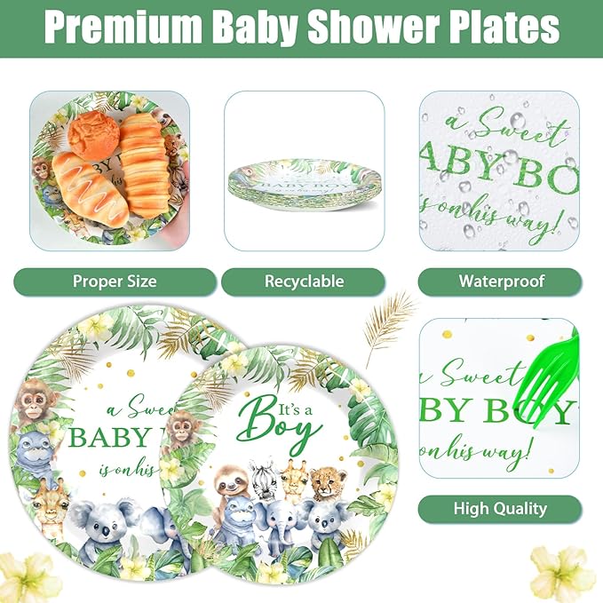 96Pcs Safari Jungle Baby Shower Party Supplies Green Wild Animals Baby Boy Paper Plates Napkins Baby Shower Party Decorations Safari Jungle Dinnerware Party Favor Wild One Tableware Serves 24