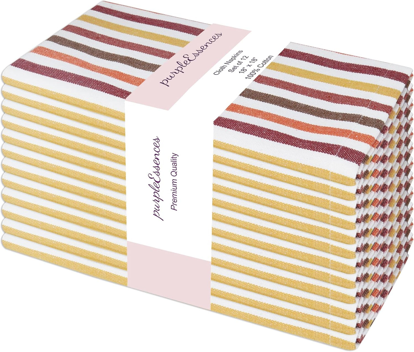 PurpleEssences Plain Striped Cloth Napkins - Set of 12-100% Cotton - 18 x 18 Inch - Fall Thanksgiving - Perfect Everyday Use Dinner Napkin - Fall