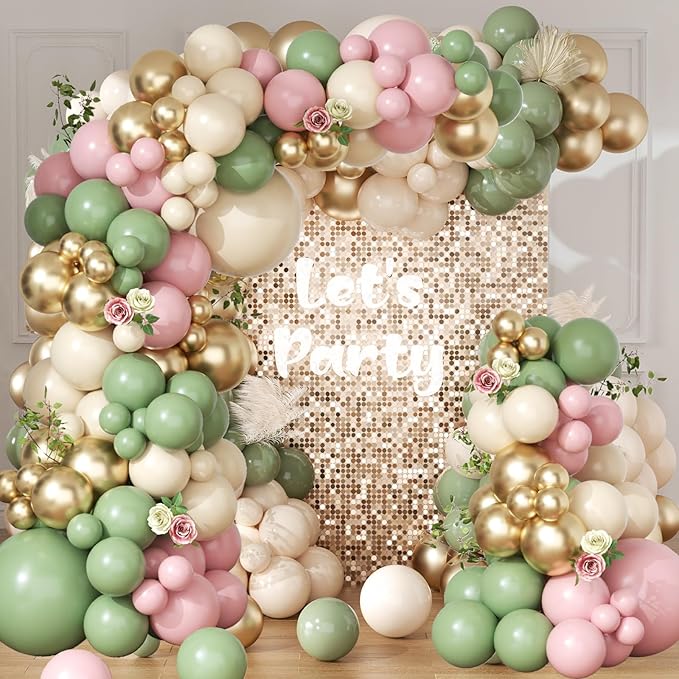 Sage Green Pink Balloon Garland Arch Kit 143pcs White Sand Chrome Gold and Pastel Balloons Garland for Girls Baby in Bloom Baby Shower Mothers Day Jungle Safari Boho Birthday Party Decorations