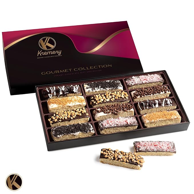 KREMERY Creamy Chocolate Cravings - Halloween Treats For Adults Chocolate Covered Biscotti Cookies Gift Basket, in Elegant Gift Box (12 Biscotties, Assorted Sweet Toppings) Holiday Xmas Christmas