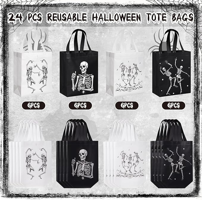 Wesnoy 24 Pcs Halloween Bags with Handle Reusable Skeleton Halloween Party Favors Black White Non Woven Candy Tote Bags Bulk Funny Hippie Dancing Skeleton