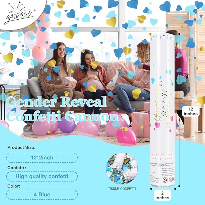 Gender Reveal Confetti Cannon,4 Blue Paper Connon Safty Party Poppers Shoots 20-25ft,12 inch Upgrade Firmware Maternity Shoots Baby Shower Gender Reveal Party Supplies Maternity Shoots
