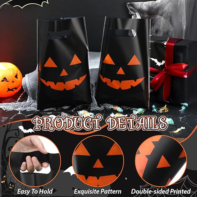 Supervitae 100 Pcs Halloween Treat Bags Plastic Pumpkin Party Favor Bags Bulk with Handles for Halloween Snacks Goodie Candy Treat Party Supplies, 9.84''x6.5''