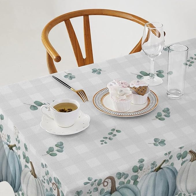 YCness Thanksgiving Pumpkin Tablecloth, Watercolor Eucalyptus Leaves Autumn Harvest Fall Watercolor Blue Gray Grid Table Cover for Party Picnic Dinner Kitchen 55x55 Inch Rectangle
