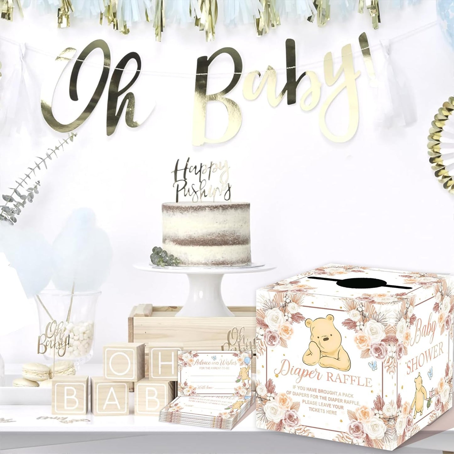 Winnie Baby Shower Decorations-Winnie Baby Shower Games-Pooh Party Decorations-Baby Shower Diaper Raffle Box With 50PCS Winnie Cards-flower