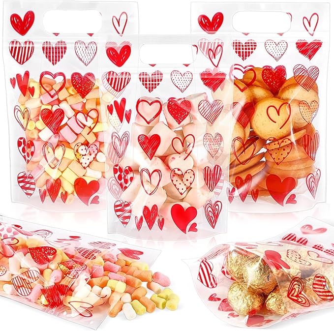 Blosssound 50 Pcs Valentine's Day Gift Bags Red Valentines Zipper Plastic Bags Reusable Red Heart Pouch with Handles Galentines Day Pouch for Classroom Wedding Birthday Party Favor