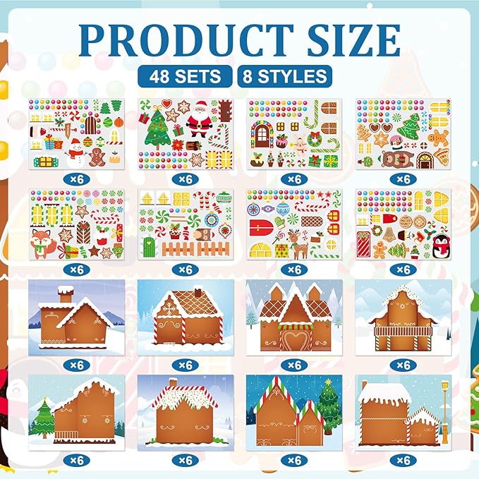 Frienda 96 PCS Christmas Gingerbread House Stickers Kit Winter Make a Gingerbread House Stickers Bulk 48 Set DIY Arts Crafts for Xmas Decoration Christmas Party Favors Home Game Activities
