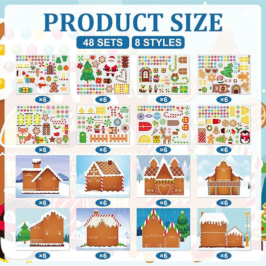 Frienda 96 PCS Christmas Gingerbread House Stickers Kit Winter Make a Gingerbread House Stickers Bulk 48 Set DIY Arts Crafts for Xmas Decoration Christmas Party Favors Home Game Activities