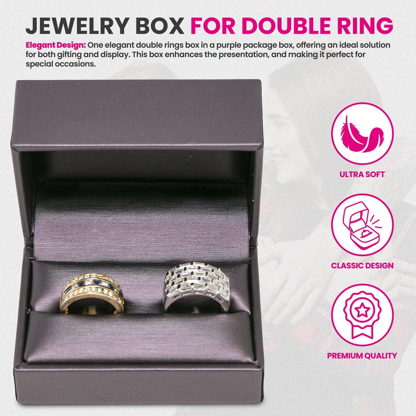 Novel Box Purple Jewelry Box for Double Rings 3.12x2.12x1.87 Inches - Double Rings Gift Box for Proposal Wedding Engagement - Faux Leatherette Jewelry Display Box - Gift Presentation Boxes for Rings