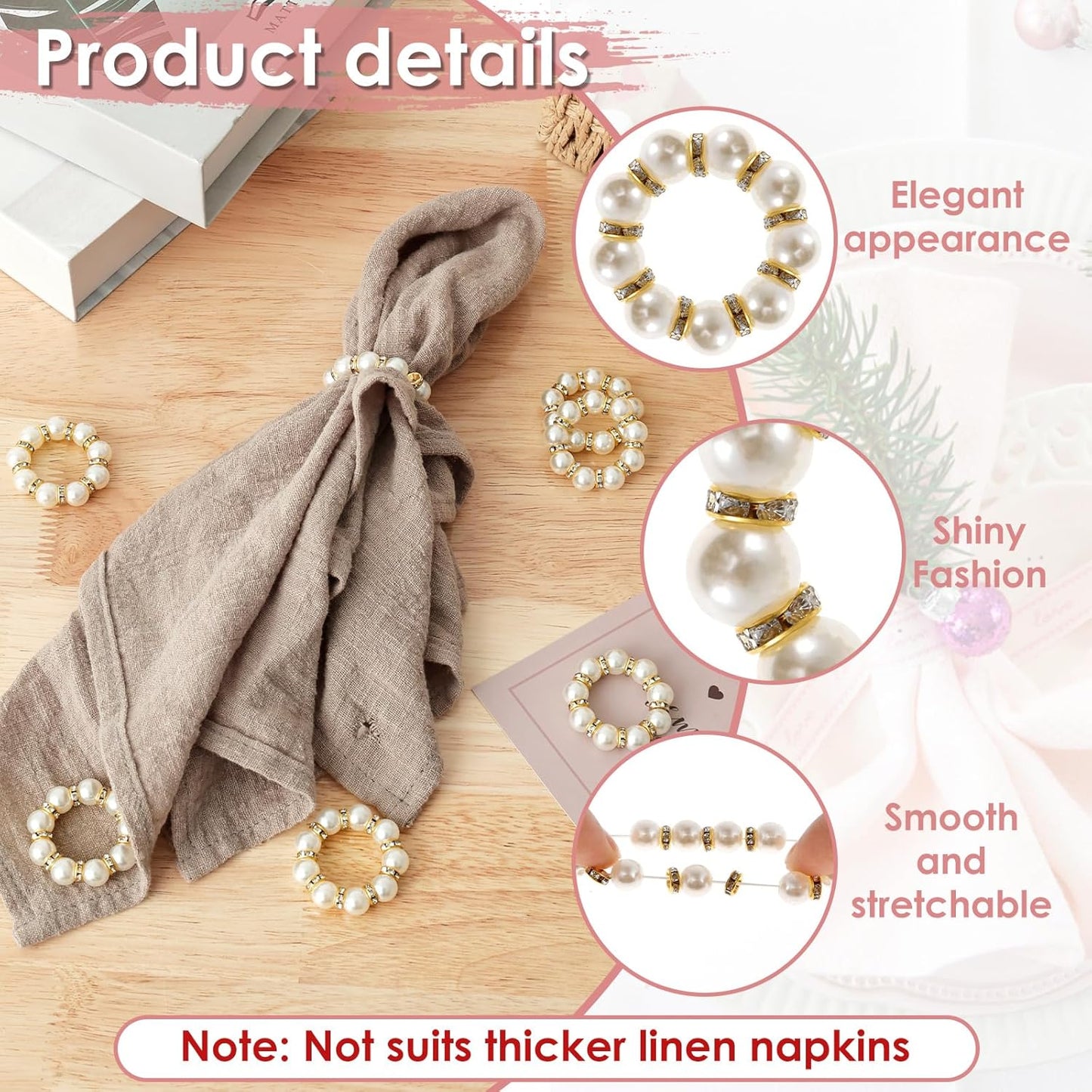 24 Pcs Gold Napkin Rings Set, Imitation Pearl Napkin Ring Holders, Disposable White & Gold Beaded Napkins Rings for Wedding Party Home Reunion Decorations