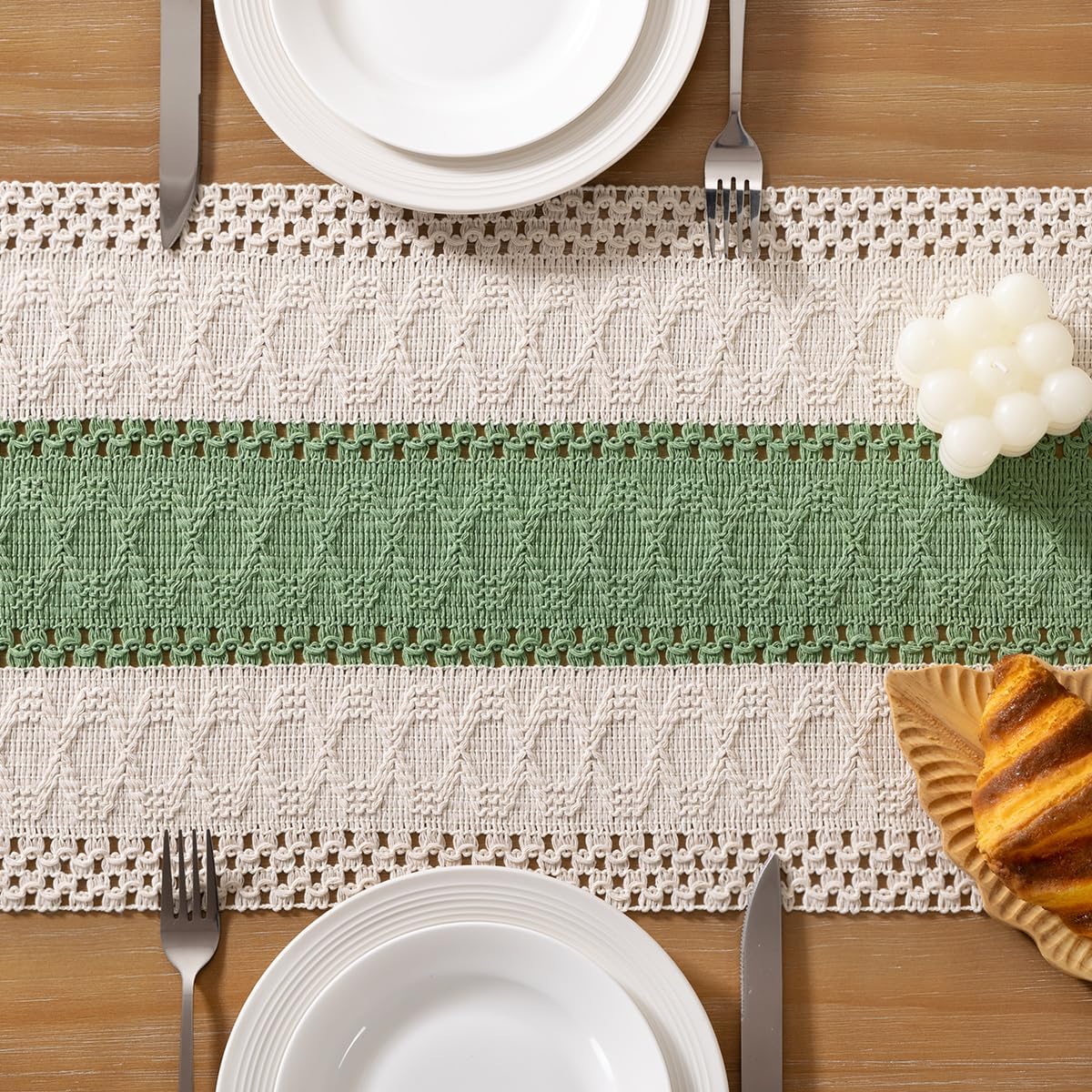Socomi Boho Table Runner Macrame Fall Thanksgiving Farmhouse Woven Cotton Linen Rustic Coffee Table Runner with Tassels for Dresser Scarf Home Decor Dining Room 12x90 inch Sage Green Ivory