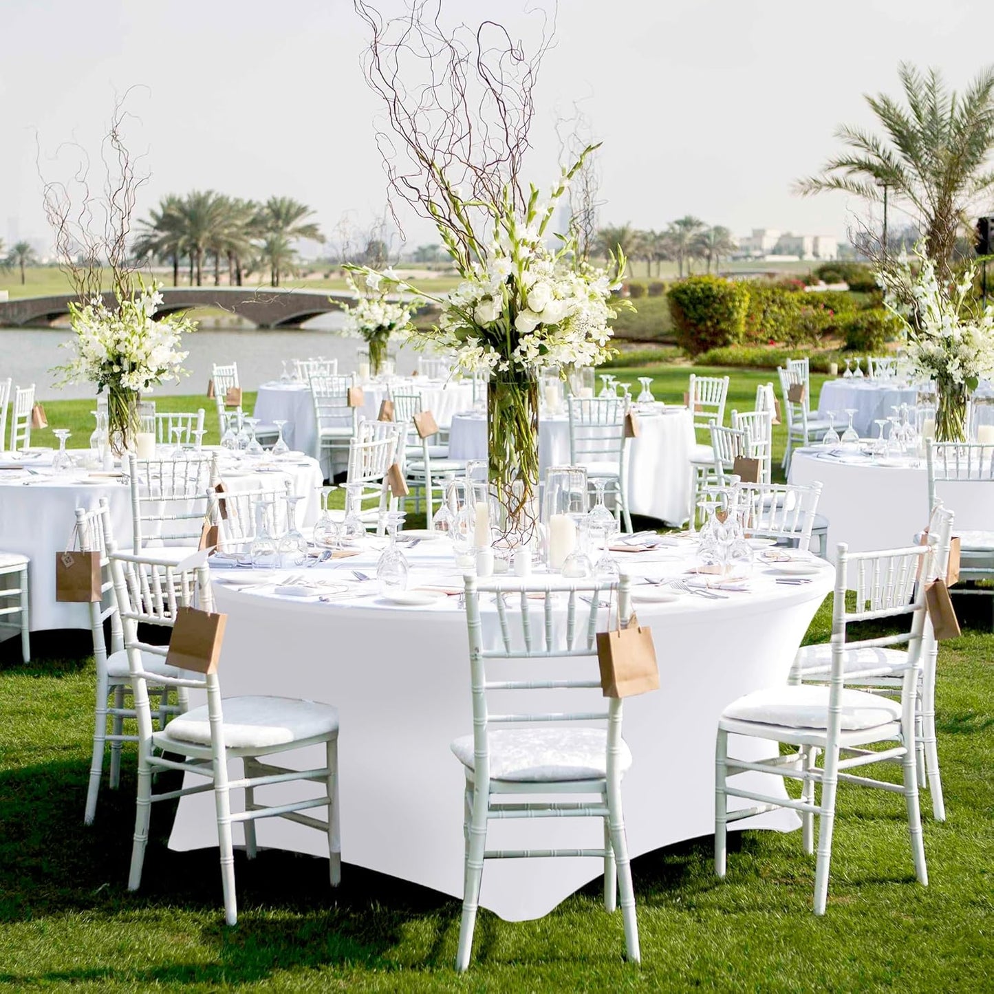 Fitted Round Table Covers 5ft-Spandex Elastic Table Cloths 6 Pack 60 Inch-White Small Stretch Folding Tablecloth for Weddings Banquets Restaurant Buffet Event Parties Vendor Stand Tables