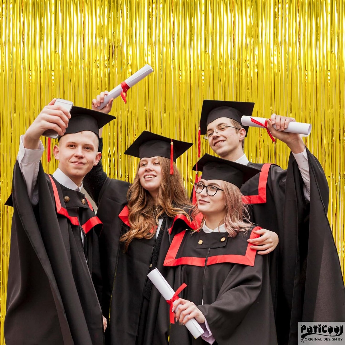 Gold Streamers Graduation Decorations - Thicken 2 Pack 3.2 x 8.2 FT - Golden Tinsel Foil Fringe Backdrop Curtains Party Backdrop for Birthday, Prom, Hollywood, Anniversary Party Decorations
