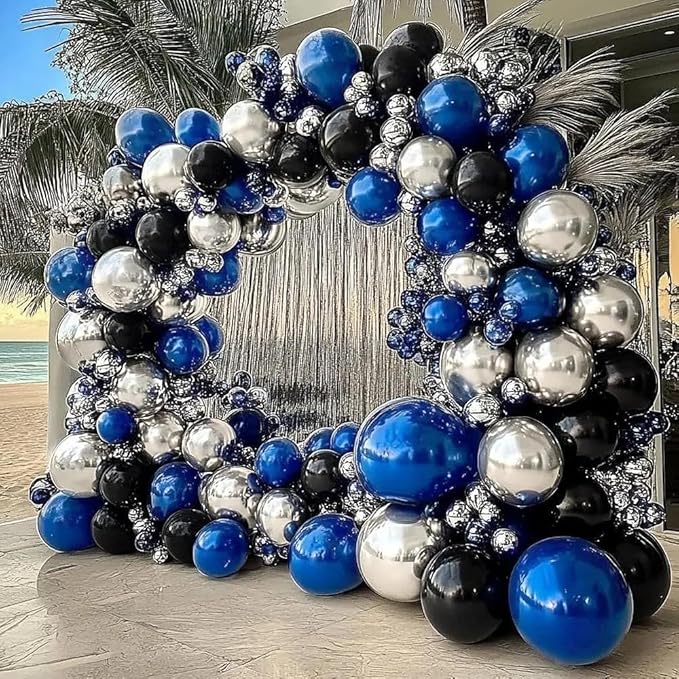 Black Blue Balloon Garland, Double Stuffed Navy Royal Blue Black Metallic Silver Foil Balloon Arch Kit for Birthday Graduation Baby Shower Wedding Anniversary Party Decorations