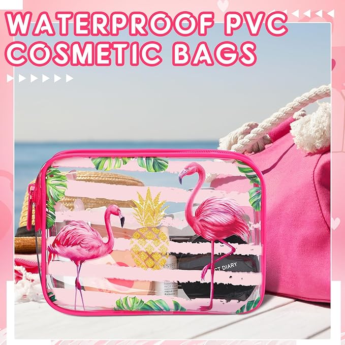 Cunno 6 Pcs Makeup Bags Gifts for Women Preppy Boho Smile Face Flamingo Clear Makeup Bags Cosmetic Transparent PVC Travel Toiletry Organizer for Birthday Party Favor(Flamingo Style)