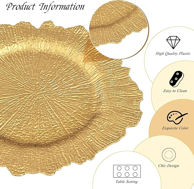 50 Pack Gold Charger Plates Bulk, 13" Plastic Reef Chargers for Dinner Plates, Round Charger Plate with Floral Reef Design for Dinner Wedding Party Table Setting Decoration