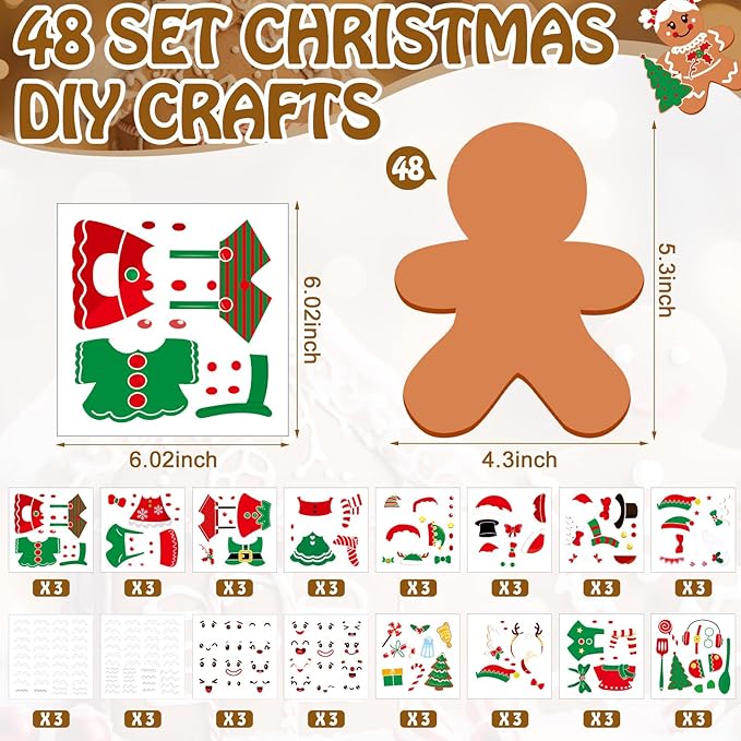 Frienda 48 Set Christmas Gingerbread Craft Kit Make a Gingerbread Man Ornament Stickers Bulk DIY Arts and Crafts for Xmas Tree Decoration Fun Christmas Party Favors Home Game Activities