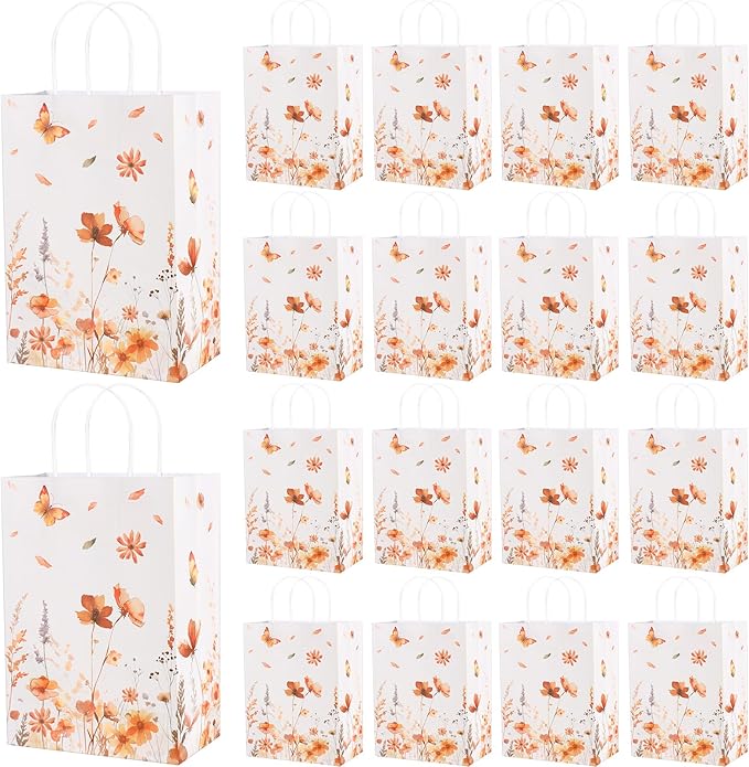 Marspark 24 Pcs Thanksgiving Floral Paper Gift Bags Wildflower Treat Bag with Handles for Wedding Birthday Baby Shower Autumn Floral Candy Goodie Bag for Guests, 8.3'' x 5.9'' x 3.1''(Butterfly)
