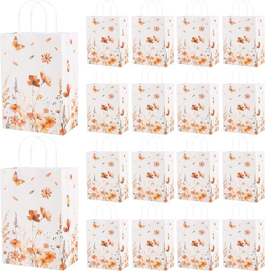 Marspark 24 Pcs Thanksgiving Floral Paper Gift Bags Wildflower Treat Bag with Handles for Wedding Birthday Baby Shower Autumn Floral Candy Goodie Bag for Guests, 8.3'' x 5.9'' x 3.1''(Butterfly)