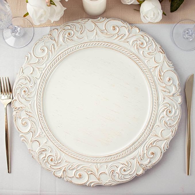 Efavormart 12-Pack Acrylic Charger Plates 14" Round Antique White Gold with Engraved Baroque Rim - Vintage Disposable Decorative Chargers