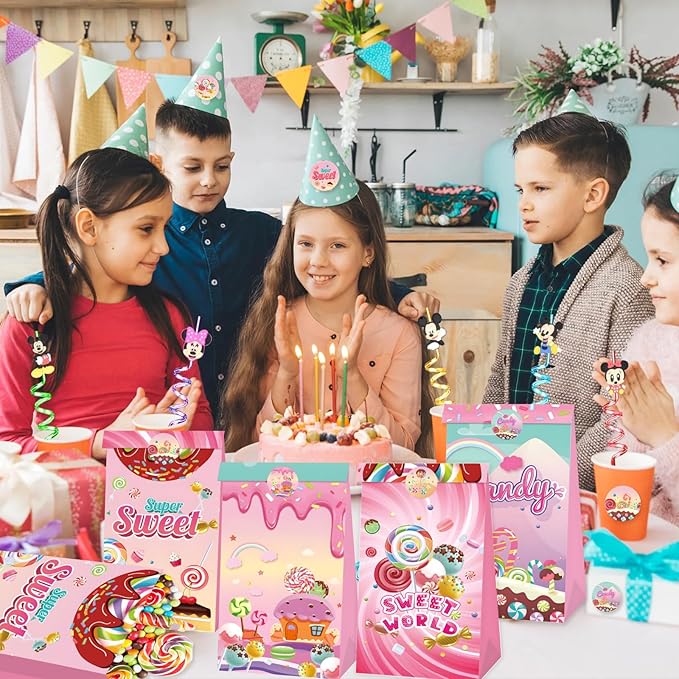 12Pcs Candy Sweet Land Goodie Bags with Stickers Lollipop Gift Bags Candyland Themed Party Favors Goody Treat Bag for Birthday,Baby Shower,Weddings,Guraduations Candy Shop Theme Party Supplies Decor