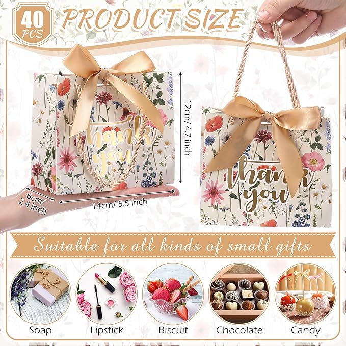 Moinchore 40 Pack Wildflower Thank You Gift Bags with Handles Small Thank You Party Favor Bags with Bow Wedding Welcome Tote for wedding Holiday Bridal Shower Party(Vintage Wild Floral)