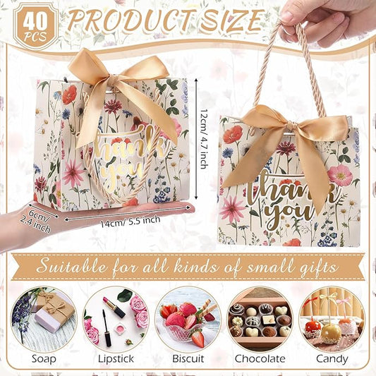 Moinchore 40 Pack Wildflower Thank You Gift Bags with Handles Small Thank You Party Favor Bags with Bow Wedding Welcome Tote for wedding Holiday Bridal Shower Party(Vintage Wild Floral)