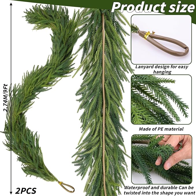 2 Pcs Artificial Norfolk Pine Garlands Christmas, 9 FT Dense Real Touch Winter Pine Garland Ornament, Green Artificial Greenery Garland for Table, Mantle, Wall, Indoor, Outdoor Christmas Decorations