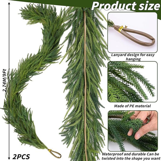2 Pcs Artificial Norfolk Pine Garlands Christmas, 9 FT Dense Real Touch Winter Pine Garland Ornament, Green Artificial Greenery Garland for Table, Mantle, Wall, Indoor, Outdoor Christmas Decorations