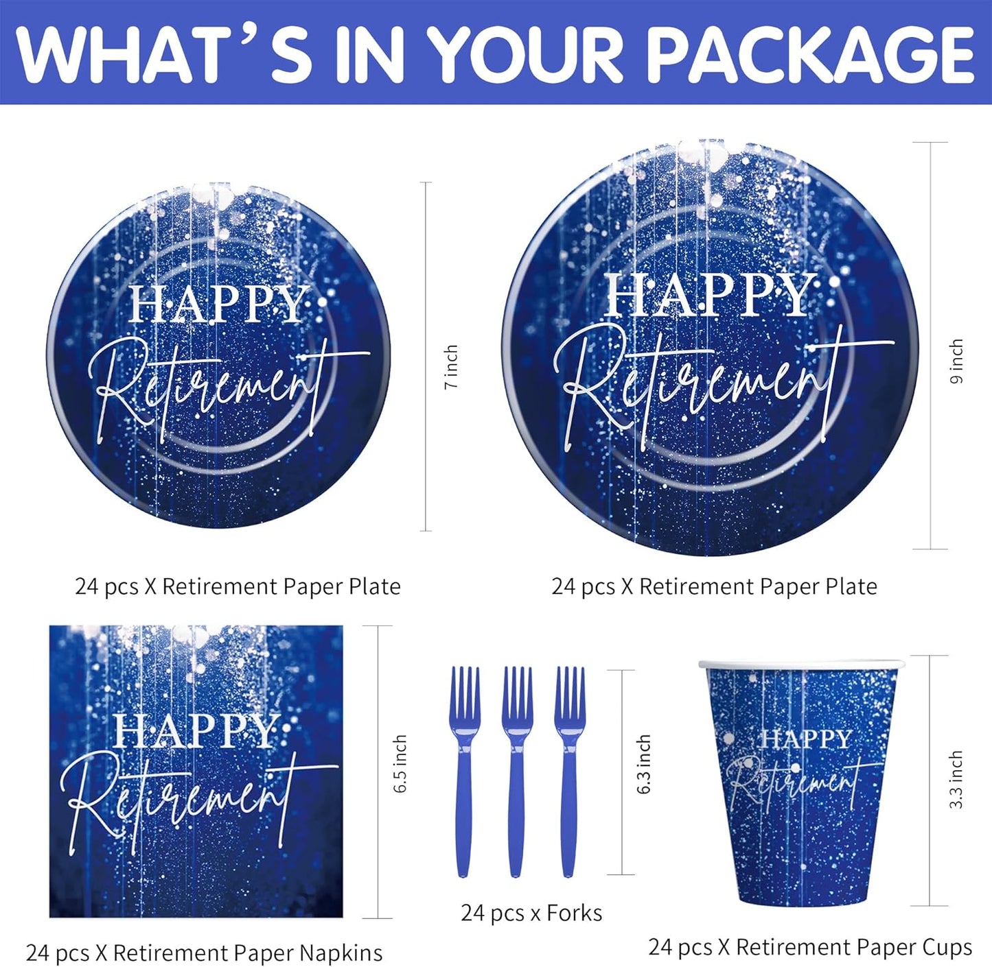 Blue Retirement Party Decorations Tableware For Women Men, Disposable Happy Retirement Party Supplies, Paper Plate, Cup, Napkin, Fork, Serve 24
