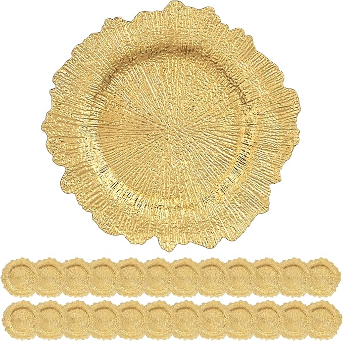 24 Pack Gold Charger Plates Bulk, 13" Plastic Reef Chargers for Dinner Plates, Round Charger Plate with Floral Reef Design for Dinner Wedding Party Table Setting Decoration