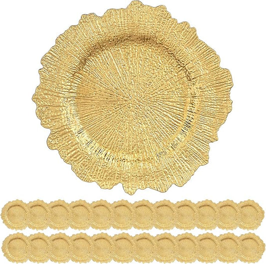 24 Pack Gold Charger Plates Bulk, 13" Plastic Reef Chargers for Dinner Plates, Round Charger Plate with Floral Reef Design for Dinner Wedding Party Table Setting Decoration