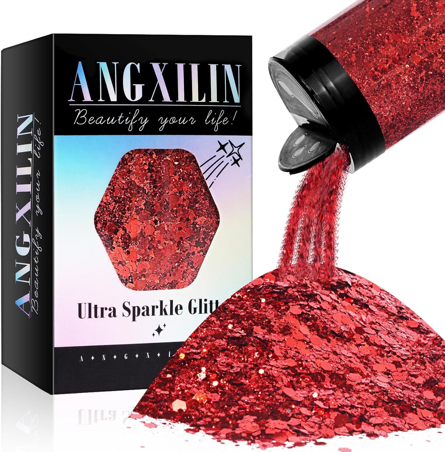 Holographic Chunky and Fine Mixed Craft Glitter, 190g/6.7oz Bulk Laser Sequin for Face Body Nail Art, Epoxy Resin Tumbler Jewelry Making (Chinese Red)