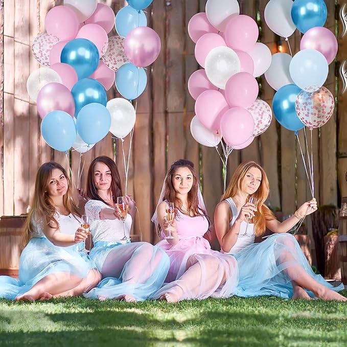 Gender Reveal Pink and Blue Balloons Set, 60 Piece 12 Inch Macaron Confetti Star Pattern Balloons with Ribbon for Birthday Wedding Baby Party Decorations