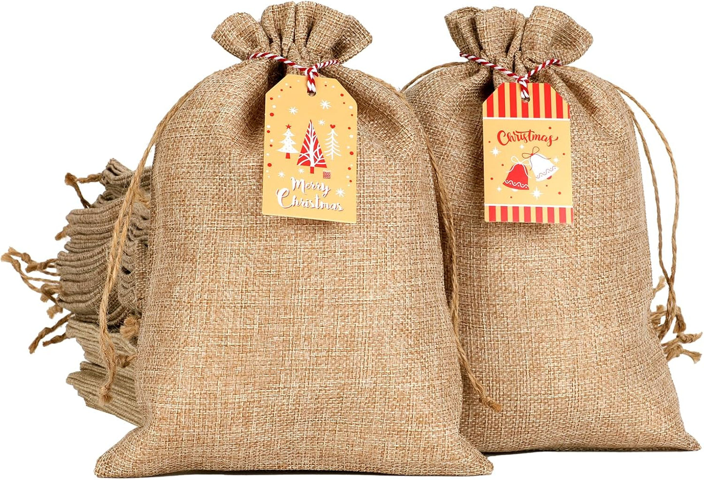 Tapleap Burlap Bags with Drawstring, 7x10 Inches Burlap Sack with Christmas Tags and String (Lot of 50) for Wrapping Christmas Gifts, Party Favors or for Christmas Decorations
