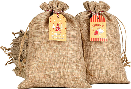 Tapleap Burlap Bags with Drawstring, 7x10 Inches Burlap Sack with Christmas Tags and String (Lot of 50) for Wrapping Christmas Gifts, Party Favors or for Christmas Decorations