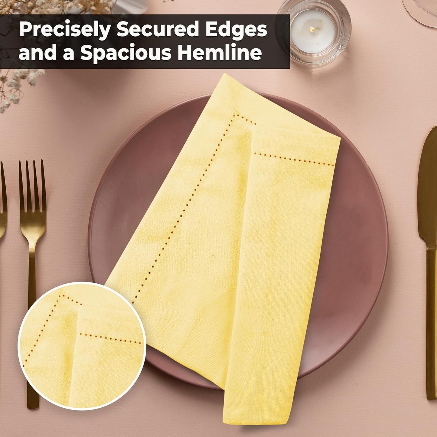 Urban Villa Fall Cloth Napkins Hemstitch Solid Yellow 100% Cotton Absorbent Dinner Napkins (Set of 12) 20x20 Inches Soft Durable Washable Reusable Ideal for Everyday Use Wedding Parties Thanks Giving